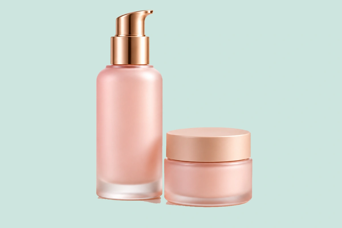 Complete blush skincare bottle and jar cutout displayed on mint