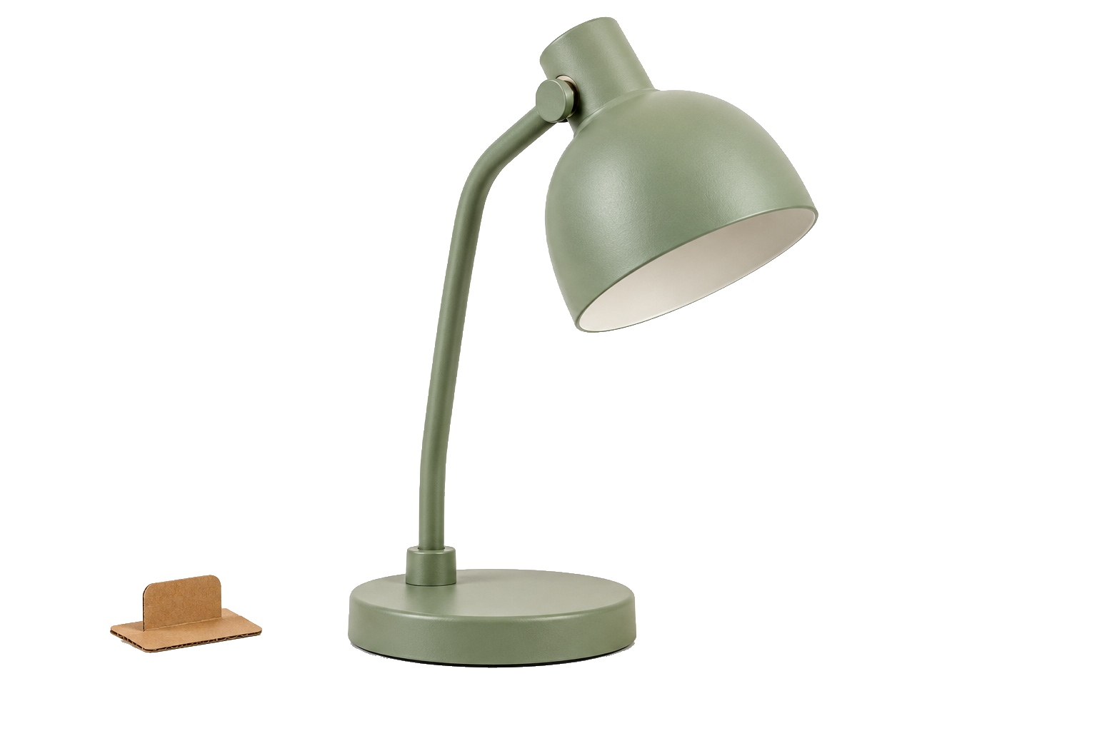 Sage desk lamp cutout with a detached packing tab before and after local Erase